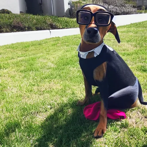 Prompt: a dog wearing glasses learning how to code