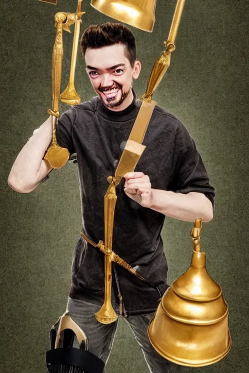 Image similar to Jacksepticeye is a holy crusader wielding a giant golden bell on a stick as his weapon