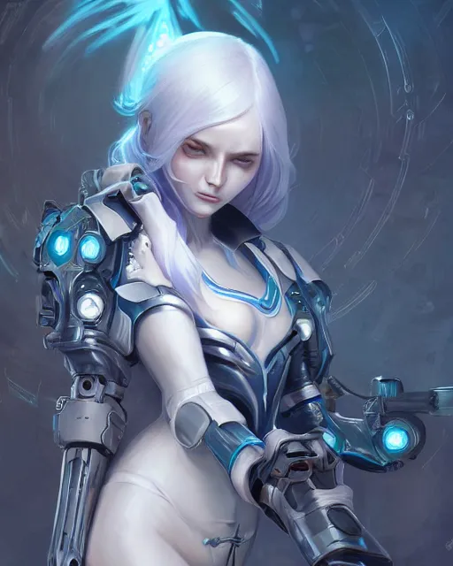 Image similar to holy cyborg necromancer girl, elegant, scifi, futuristic, utopia, garden, illustration, atmosphere, top lighting, blue eyes, white hair, focused, artstation, highly detailed, art by yuhong ding and chengwei pan and serafleur and ina wong