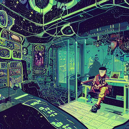 Image similar to Stunningly intricate illustration of a cyberpunk explorer playing video games in his treehouse, highly detailed, midnight, by Victo Ngai and James Gilleard , Moebius, Laurie Greasley