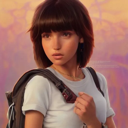 Image similar to ultra realistic illustration, bella thorne as dora the explorer anime, intricate, elegant, highly detailed, digital painting, artstation, concept art, smooth, sharp focus, illustration, art by artgerm and greg rutkowski and alphonse mucha and wlop