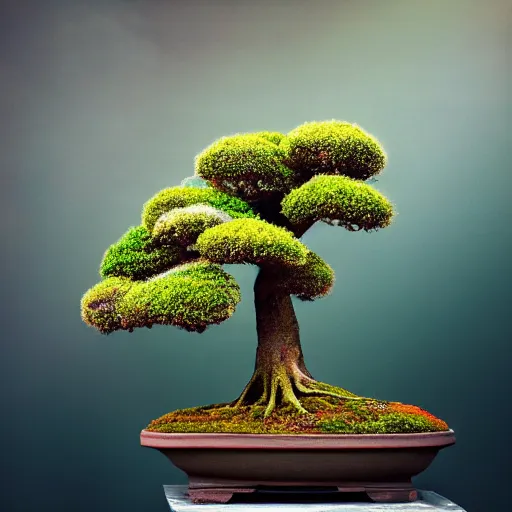 Image similar to A picture of a planet of various flowers, fungus and plants, Bonsai , in which the human figure is dressed in something magical and impressive, inside the picture is infinity, muted light, BotanicalAtmospheric phenomenon, artistic photography, muted colors, conceptual, Kodachrome