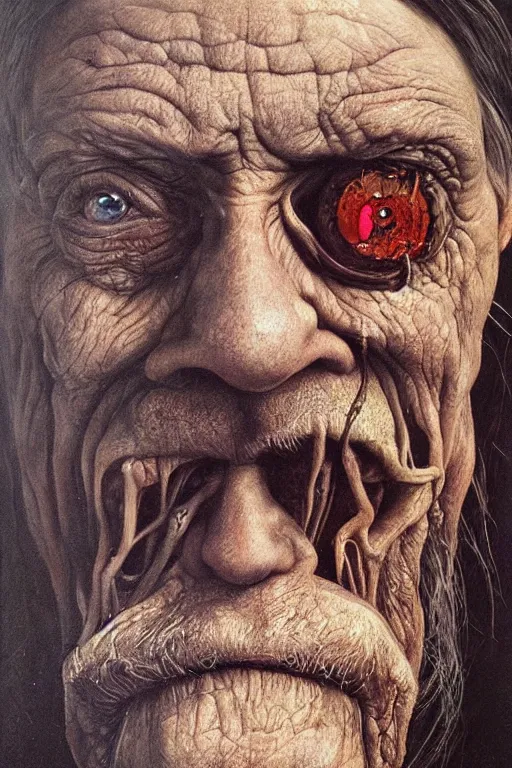 Image similar to hyperrealism oil painting, close - up portrait of a scary old man with a thousand eyes and mandibles, in style of baroque zdzislaw beksinski