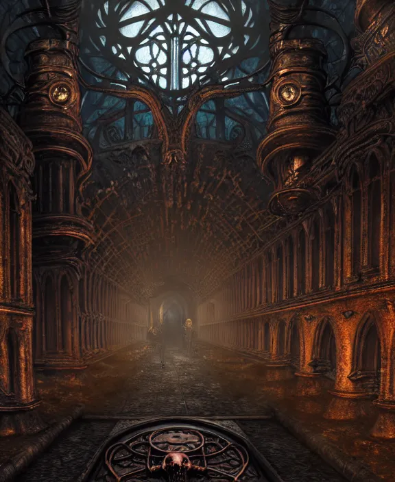 Image similar to steam necropolis, memento mori, gothic, neo - gothic, art nouveau, hyperdetailed copper patina medieval icon, stefan morrell, philippe druillet, ralph mcquarrie, concept art, steampunk, unreal engine, detailed intricate environment, octane render, moody atmospherics, volumetric lighting, ultrasharp, ominous, otherworldly