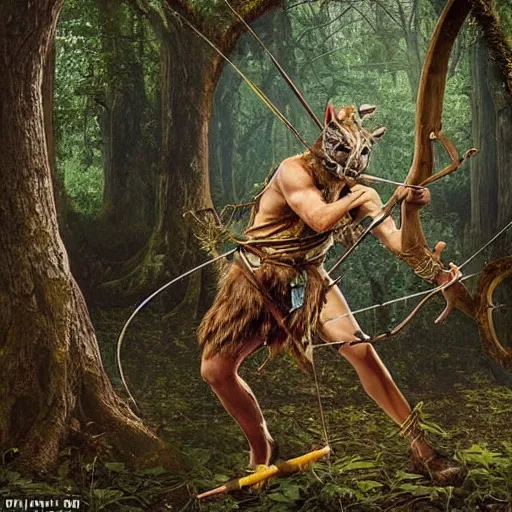 Prompt: a ancient hunter creeping through woods filled with large trees and vines, holding a bow and arrow, wearing animal skin clothing, in the style of bordalo ii