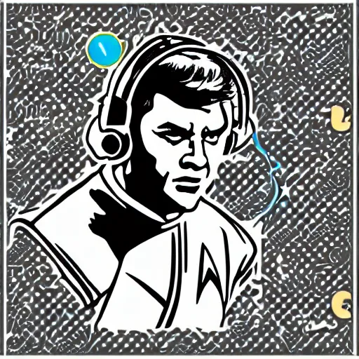 Image similar to a Star-Trek-Captain-Kirk, svg sticker, vector art, wearing headphones, jamming to music