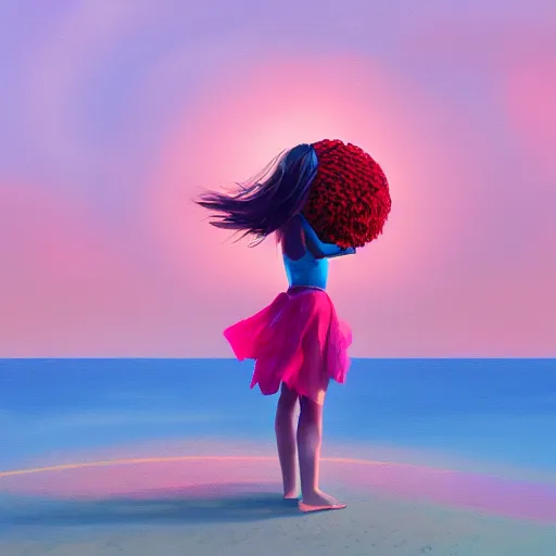 Image similar to portrait, giant rose flower head, girl dancing at the beach, surreal photography, sunrise, blue sky, dramatic light, impressionist painting, digital painting, artstation, simon stalenhag