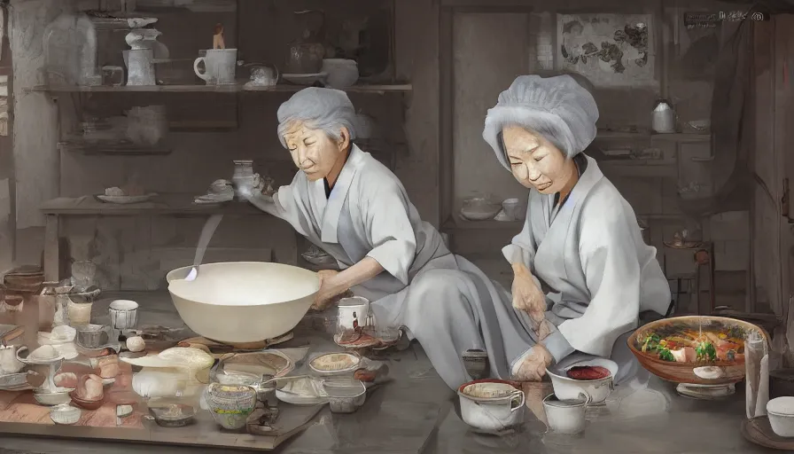 Image similar to old japanese lady cooking in old 1 8 0 0's kitchen, hyperdetailed, artstation, cgsociety, 8 k