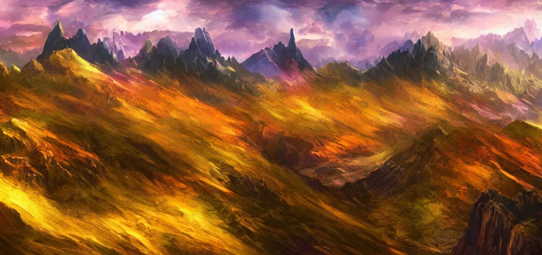 Image similar to vast mountain landscape, craggy mountains, magic the gathering, three - colors, three - color color palette, panoramic, wide angle, horizon, highly detailed