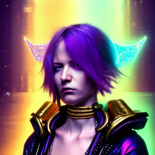 Image similar to hyperdetailed portrait of a stunningly beautiful cyberpunk british girl androgynous wizard guard made of iridescent metals and shiny purple gems, bright rainbow nimbus, silver necklace, gold background inspired by ross tran and masamune shirow and kuvshinov, concept art, intricate, photorealistic, octane render, rtx, hdr, unreal engine, dnd digital art by artgerm