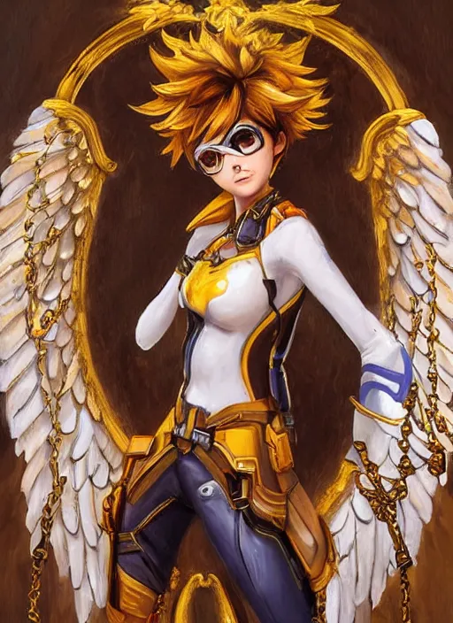 Image similar to full body oil painting of tracer overwatch in the style of sophie anderson, angel wings, angelic golden armor, dramatic painting, symmetrical composition, ornate, golden chains, high detail, gold detailed collar!!!!!, blooming, angelic, lights, flowers, heavenly, bright, detailed face,