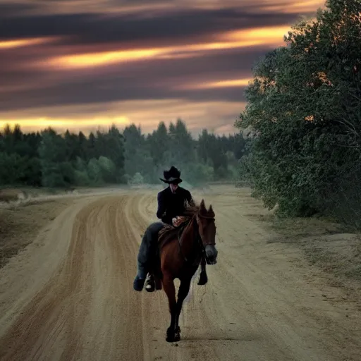 Prompt: a cowboy Bart Simpson riding a horse into the sunset