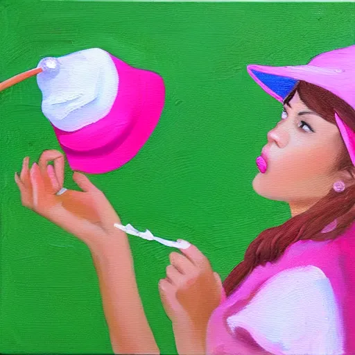 Image similar to A cute girl blowing gum in her mouth, wearing a pink hat, oil painting