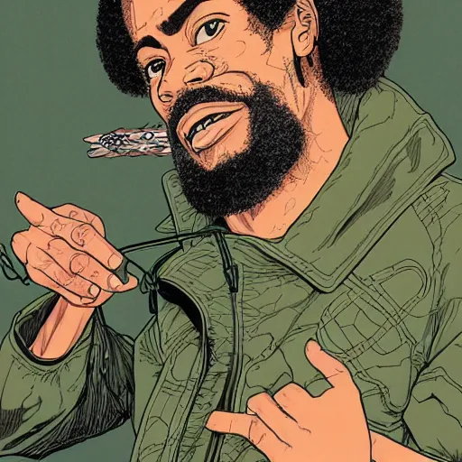 Image similar to illustration by katsuhiro otomo, black man with afro hair, raspy beard stubble, wearing an adidas army green jacket, in the streets of tokyo, akira style, by katsuhiro otomo