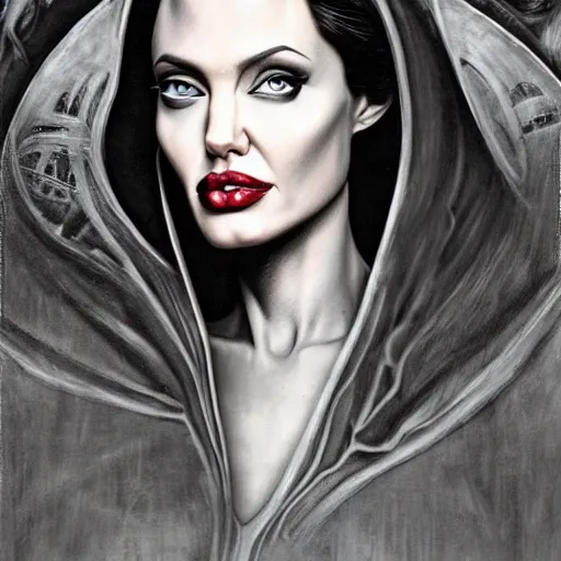 Prompt: angelina jolie walking into the camera by H.R. Giger and Bedsinski