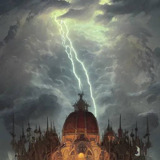 Prompt: giant storm and lots of lightning over a future stadium, intricate, highly detailed, digital painting, artstation, concept art, matte, sharp focus, illustration, art by artgerm and greg rutkowski and alphonse mucha