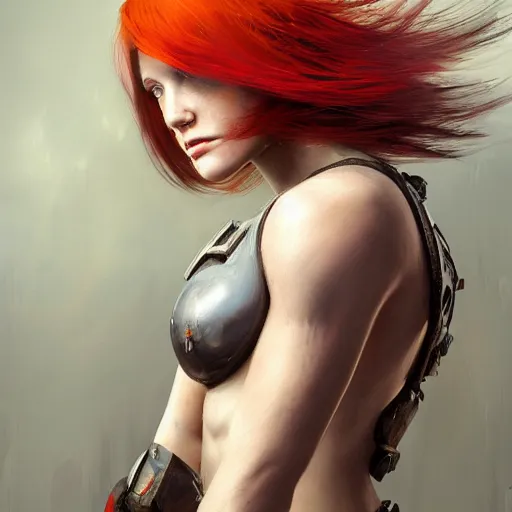 Prompt: a professional painting of a beautiful young female with hair dyed half red and half white, partially clothed in battle armor, olive skin, long dark hair, beautiful bone structure, upper body, symmetrical facial features, intricate, elegant, digital painting, concept art, smooth, sharp focus, illustration, from Metal Gear, by Ruan Jia and Mandy Jurgens and Greg Rutkowski and Artgerm and William-Adolphe Bouguerea and artgerm