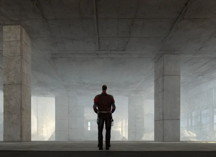 Image similar to a man standing in a brutalist soviet temple, a detailed matte painting by senior environment artist, cgsociety, fantasy art, reimagined by industrial light and magic, unreal engine 5, matte painting