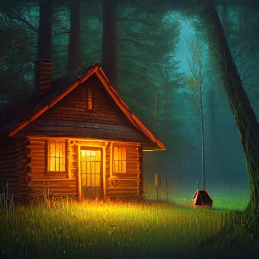 Prompt: A painting of a luminous old cabin in the swamp lands, a freindly bigfoot with a fish, by Gediminas Pranckevicius, cinematic lighting