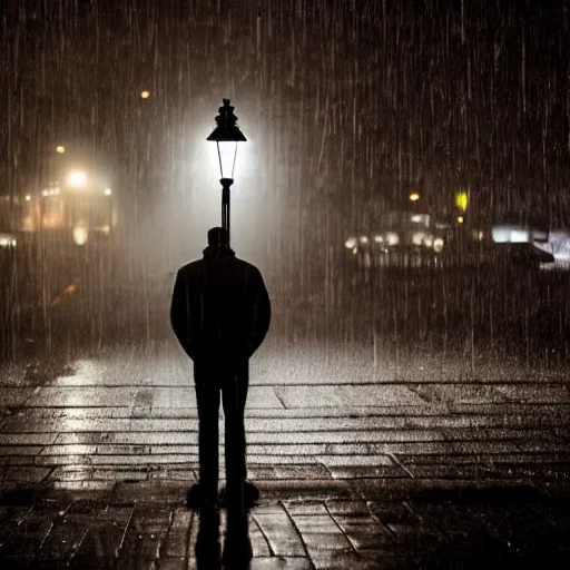 Image similar to lonely man waiting in rain at night under a street lamp