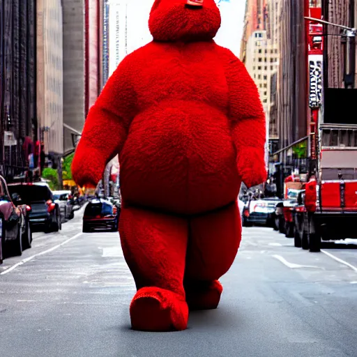 Prompt: large red bear on a street in new york city in the style of yves tanguy