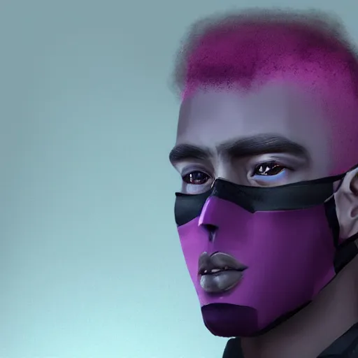 Image similar to professional digital art of a stylish young adult man with a black face mask, earrings, and dark clothes, high quality, HD, 8K, highly detailed, award-winning, sci-fi, fantasy, movie character, concept art, fashion, dark purple clouds, night