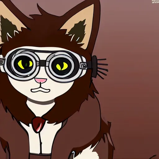 Image similar to cat person with goggles, anime style, brown fur