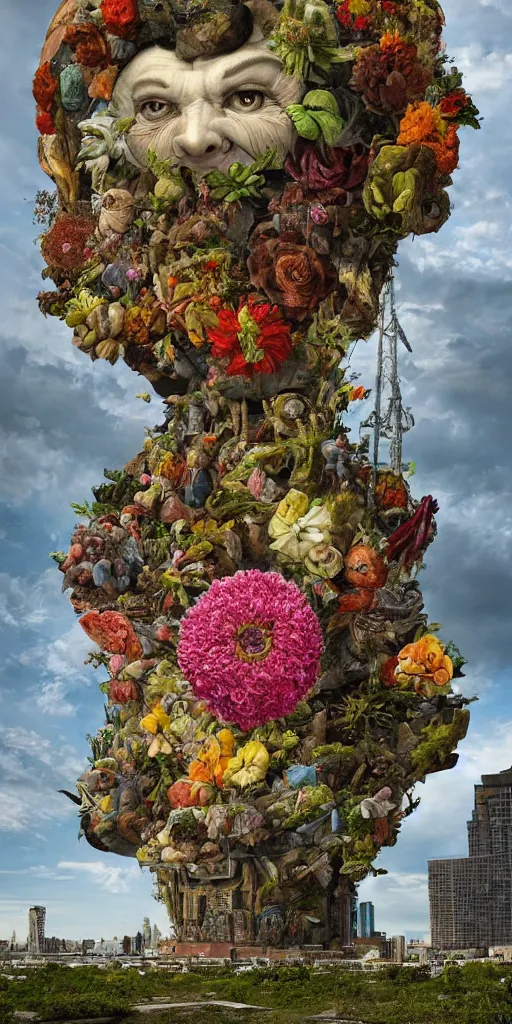 Image similar to giant grotesque flower in the middle of abandoned alien cityscape, ultradetailed by Giuseppe Arcimboldo and Josan Gonzalez