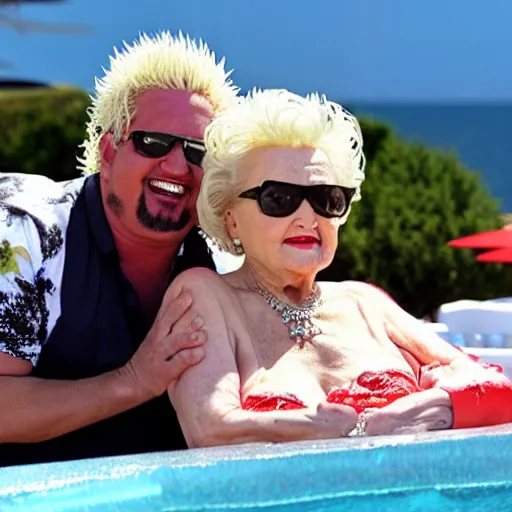 Prompt: betty white sunbathing with guy fieri