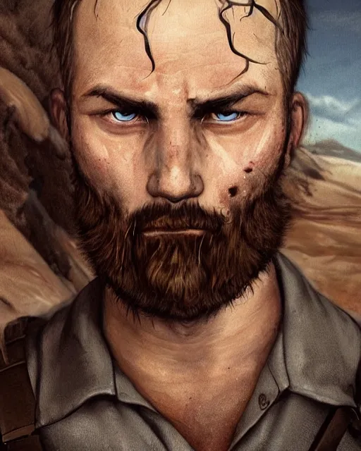 Image similar to portrait of muscular, tired and alcoholic 3 0 - year - old grieving man with short darkblonde hair, serious sad look in his eyes, looking down, dirty beard, blue eyes, crying tears, wearing dirty soldier uniform, on the desert, sad atmosphere, hyper realistic face, character art, art by mark brooks, cryengine, trending on artstation, digital art