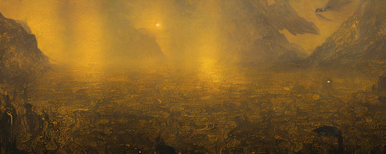 Image similar to a dark and golden landscape, with golden rivers and mystical birds that fly along, very detailed concept art, matte painting, digital art, concept art, beautiful, trending on Artstation, by Gustav Klimt