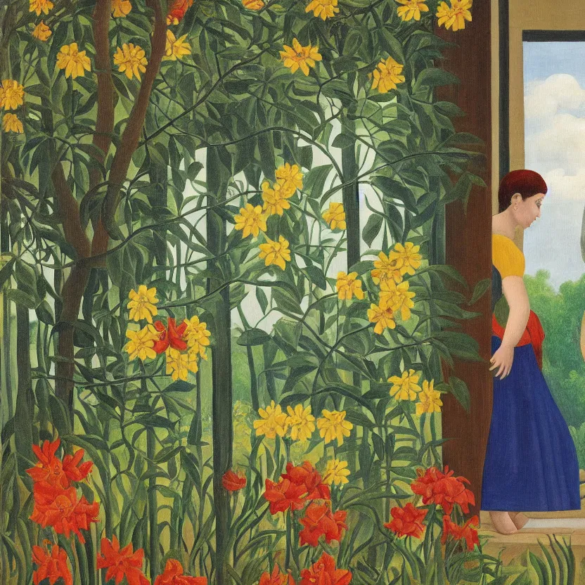 Image similar to a painting in the style of henri rousseau, a man looks through the window of an old house and sees a woman in a blue dress surrounded by sun flowers