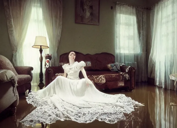 Image similar to kodak portra 4 0 0 photographic, 8 0 s living room, detailed, octane render, 4 k, hyper realistic, floor flooded, how river, a beautiful woman in a white lace dress like the pre - raphaelites is playing dead afloat, wide angle, sharp focus, soft light, volumetric light fog, in the style of gregory crewdson