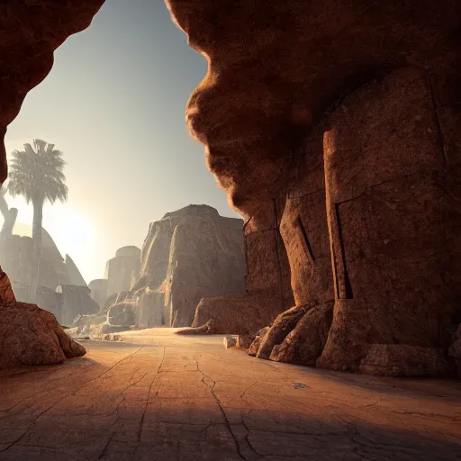 Prompt: road to an ancient temple in desert, digital art, dark, artststion, 8 k, nvidia, unreal engine