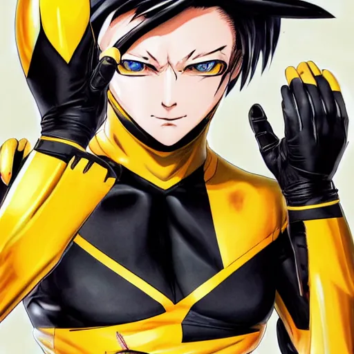 Image similar to symmetry!! portrait, head and body, yellow ranger, thunderbolt shaped eyeshade!!, artstation, art by murata, art by oda echiiro, art by tatsuki fujimoto, lightning helmet, 3 d, jumpsuit, gloves, futuristic poster,