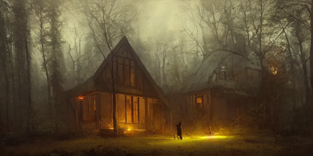 Image similar to an old house with red light on from the windows during the night in a forest, a men stand up in front of the house, mystical fog, oil on canvas, art by andreas achenbach, clemens ascher, tom bagshaw and sabbas apterus,