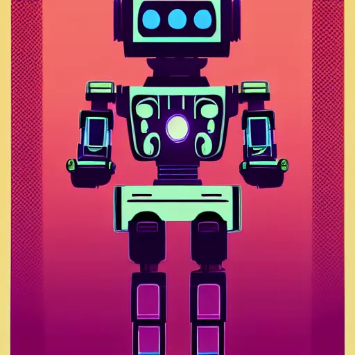 Prompt: cyberpunk style poster with a robot, purple color theme