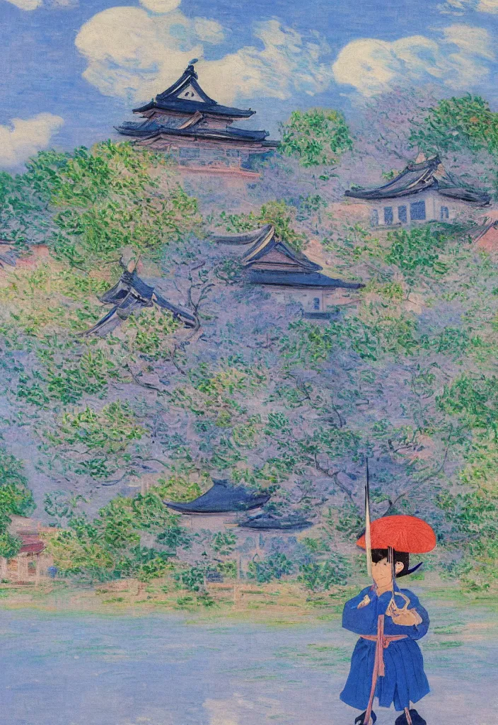 Image similar to tiny samurai in front of a futuristic japanese country side landscape, edo era house in the background, blue sky, magnificient clouds, lofi vibe, vivide colors, amazing light, really beautiful nature, oil painting, impressionist style, by claude monet, by ghibli, abstract kandinsky elements, multiple brush strokes, masterpiece