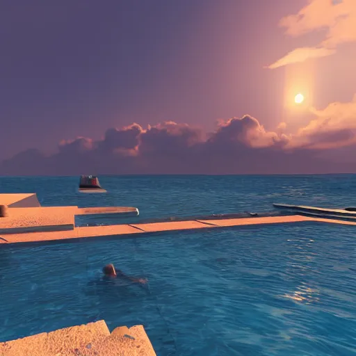 Image similar to swimming into the sunset, realistic, warm lighting, unreal engine