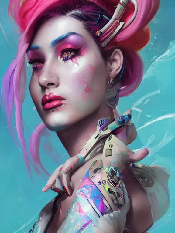 Image similar to a digital art portrait of Jinx from League of Legends,by tristan eaton,Stanley Artgermm,Tom Bagshaw,Greg Rutkowski,Carne Griffiths,trending on pinterest,face enhance,Cyberpunk,chillwave,maximalist,full of color,glittering