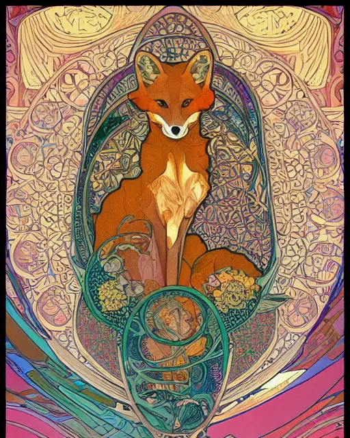 Image similar to fox carving art, cell shading, voronoi, fibonacci sequence, sacred geometry by Alphonse Mucha, Moebius, hiroshi yoshida, Art Nouveau, colorful, ultradetailed, 2 vivid colour, 3d