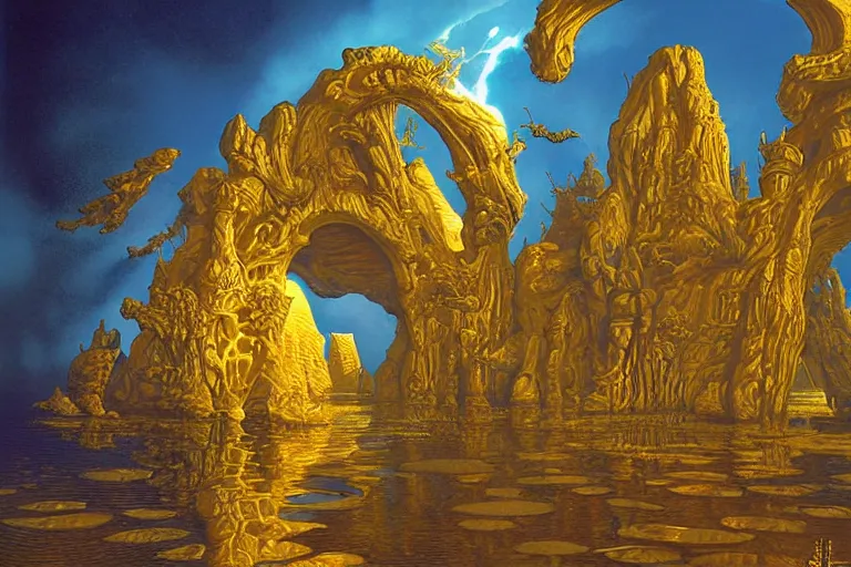 Prompt: gateway to another world made of translucent blue liquid, surrounded by an intricate golden frame, art by gonsalves, rob and lehr, paul and tim hildebrandt, dramatic lighting, 8 k resolution, unreal engine, very elegant