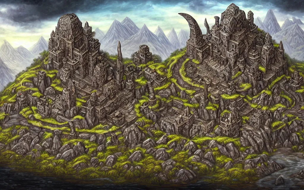 Prompt: an epic fantasy landscape painting of dwarven headquarters chiseled into a hill, ground view, covered in runes, surrounded by rivers, square stonecut detailing, giant steel anvils, deep halls, torches, siege weapons, vibrant gemstones, extremely intricate, high readablity, sharp focus, 4 k