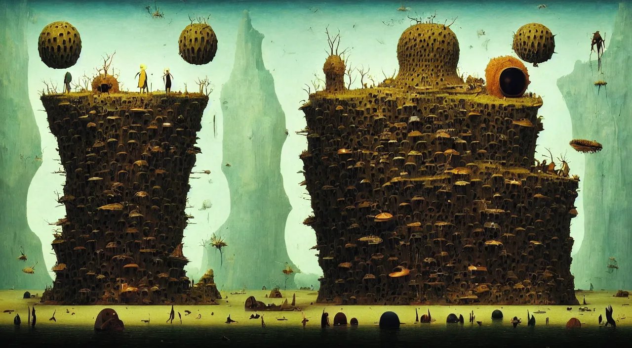 Prompt: single flooded simple!! rock hive tower anatomy, very coherent and colorful high contrast masterpiece by franz sedlacek hieronymus bosch dean ellis simon stalenhag rene magritte gediminas pranckevicius, dark shadows, sunny day, hard lighting