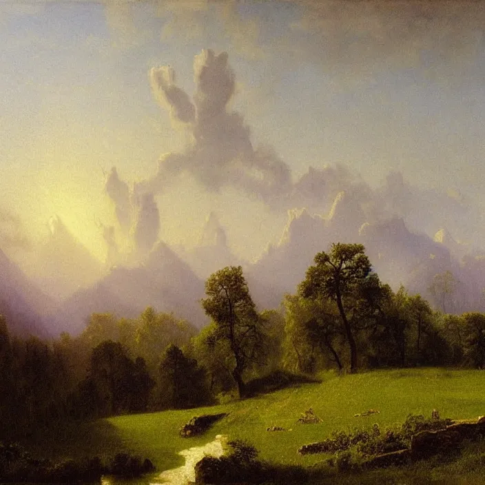 Image similar to a building in a landscape, by albert bierstadt