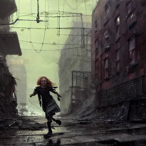 Prompt: sadie sink quickly runs by us | a mechanical monstrosity runs towards us | background : alleyway near decaying tenements. concept art for scifi dystopian film. by nikolay makovsky, bob byerley, wadim kashin, andrea kowch. cinematic moody atmosphere, detailed and intricate, perfect anatomy