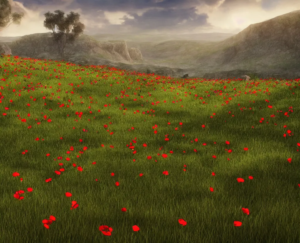 Prompt: a very beautiful scene, ambient occlusion render. golan heights with grass, valley, white stones, red poppies, hyperrealistic, jackal, 4 k. wide angle. wild. deep focus, lovely scene. concept art. unreal engine.