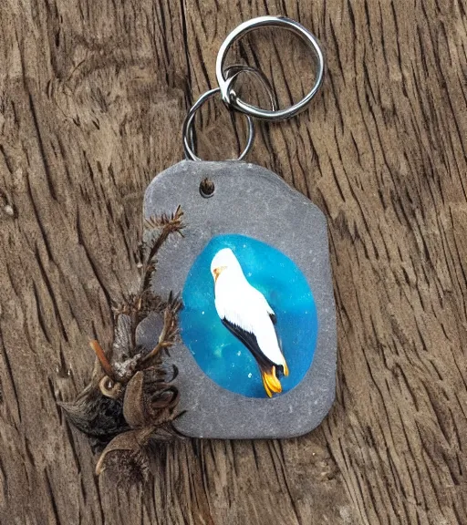 Image similar to realistic keychain of 'an eagle in the nest of a snowy pine tree'