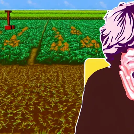 Prompt: a video game about mick jagger being a farmer