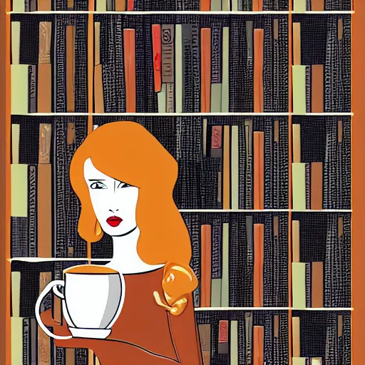 Image similar to Cup of coffe on a stack of books, digital art, award winning, trending on artstation, Poster illustration, art by patrick nagel